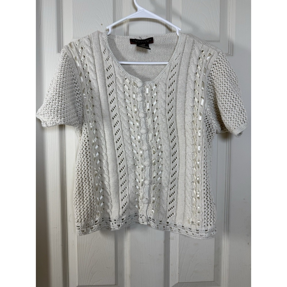 Yarnworks Petite Cable Knit Cardigan Cream‎ Short Sleeve Button Sweater Women Lg